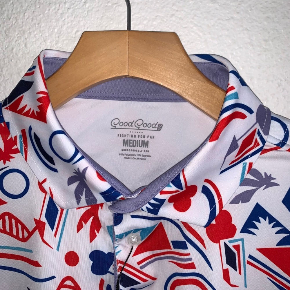 Good Good Fighting For Par Men Medium Golf Polo Red White Blue‎ Abstract - Picture 4 of 4